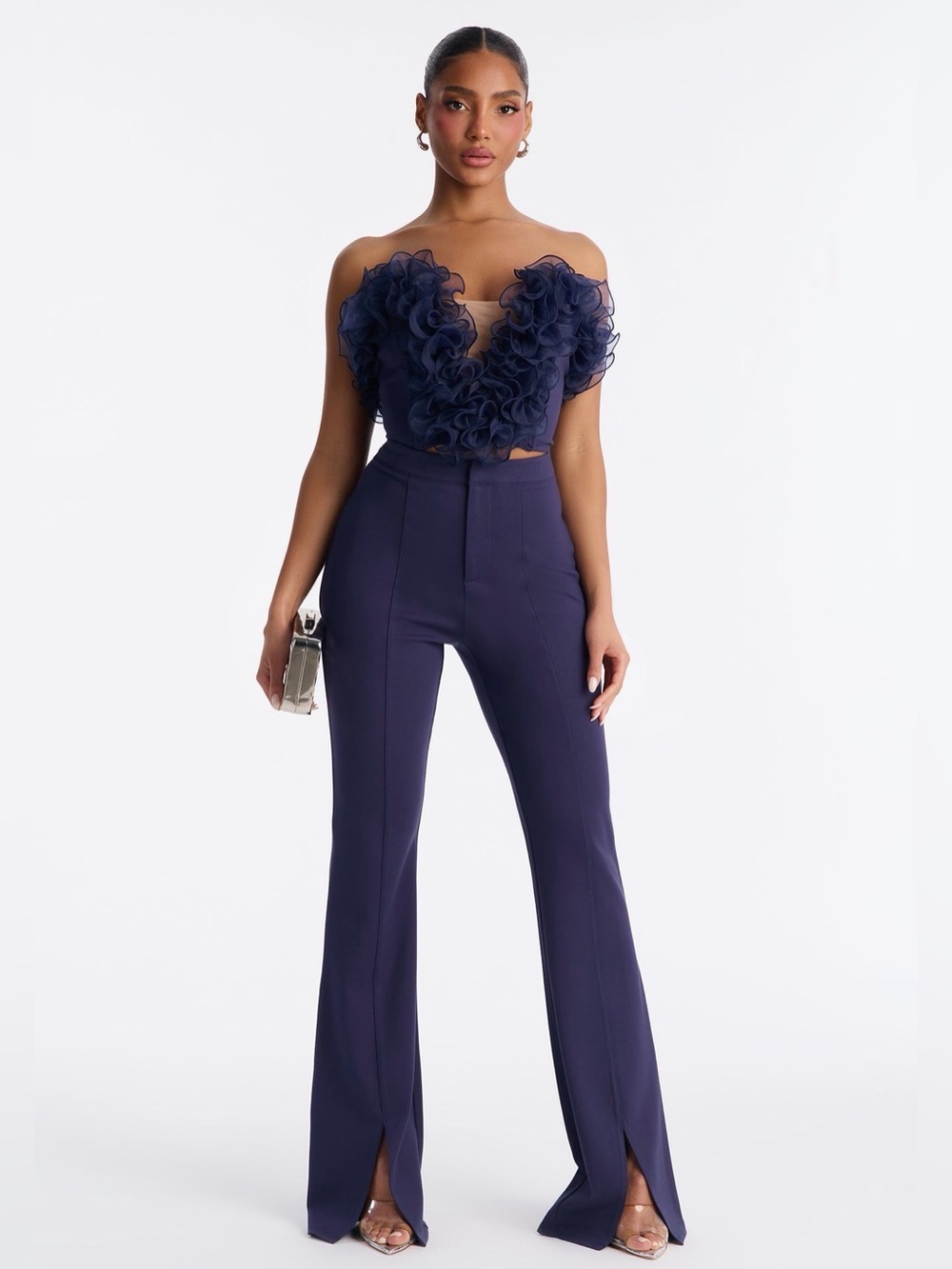 Fashion Nova Navy Boot-Cut High-Rise Split-Hem Pants